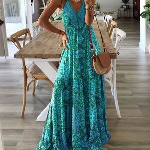 Women’s Green Patterned Maxi Dress - V-Neck Halter Style